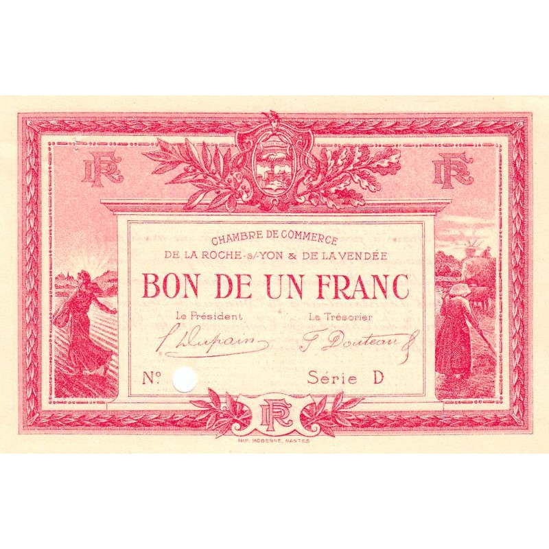 La Roche-sur-Yon (Vendée) - Pirot 65-18 - 1 franc - Série D - 1915 - Spécimen - Etat : SUP+