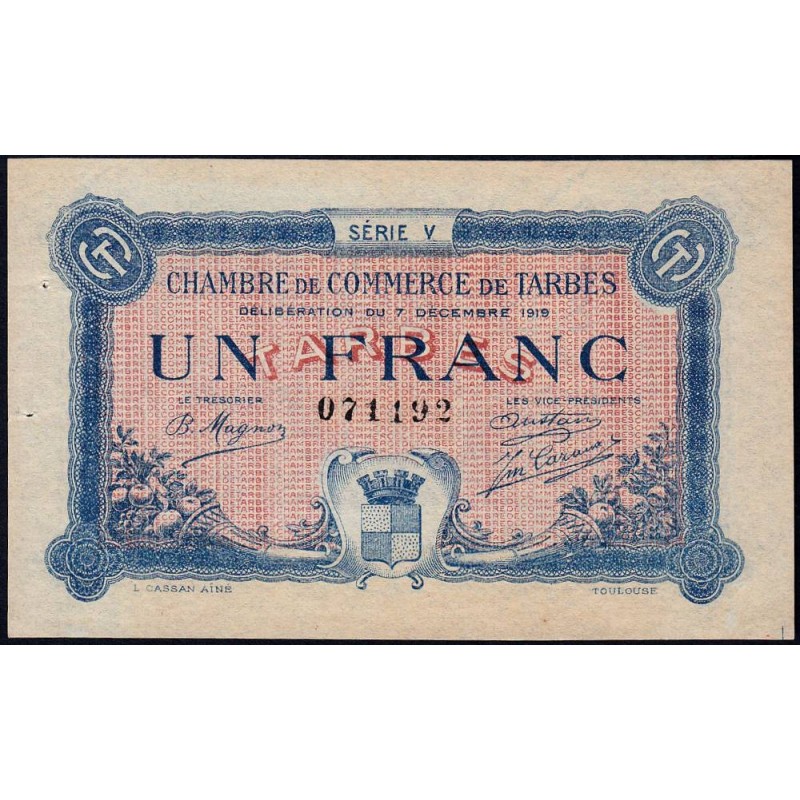 Tarbes - Pirot 120-22 variété - 1 franc - Série V - 07/12/1919 - Etat : SUP+
