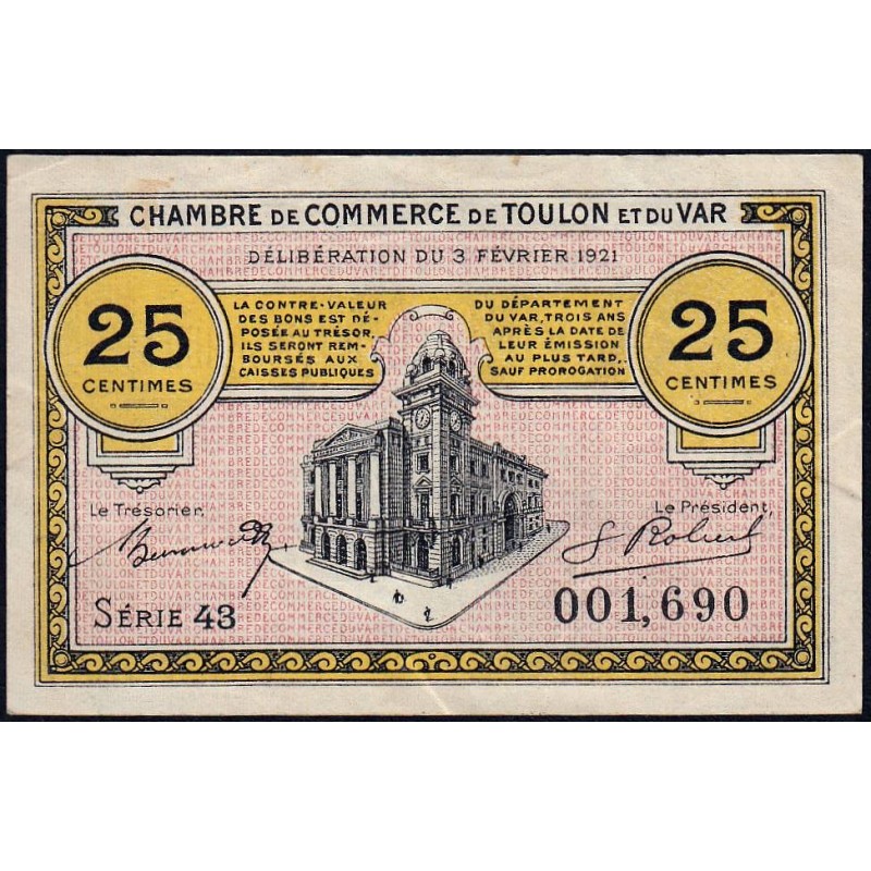 Toulon - Pirot 121-32 - 25 centimes - Série 43 - 03/02/1921 - Etat : TTB+