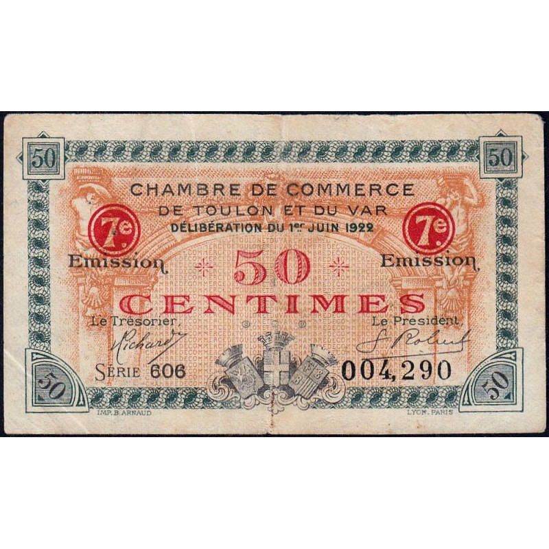 Toulon - Pirot 121-35 - 50 centimes - 7e émission - Série 606 - 01/06/1922 - Etat : TTB
