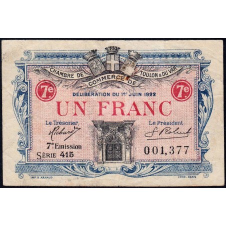 Toulon - Pirot 121-36 - 1 franc - 7e émission - Série 415 - 03/06/1922 - Etat : TB