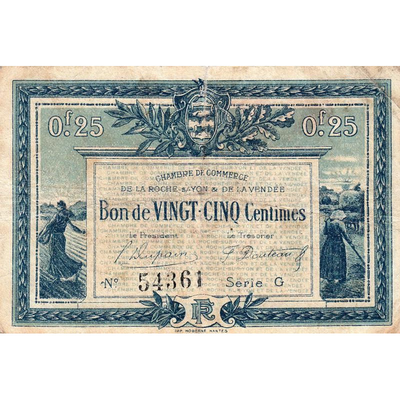 La Roche-sur-Yon (Vendée) - Pirot 65-26 - 25 centimes - Série G - 1916 - Etat : TB-