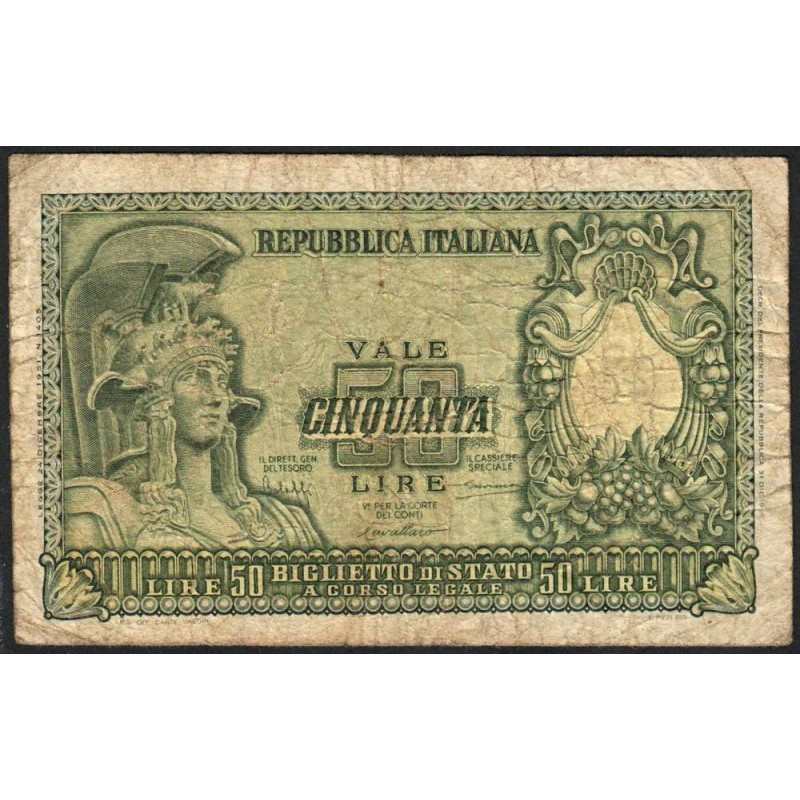 Italie - Pick 91a - 50 lire - 31/12/1951 - Etat : B+