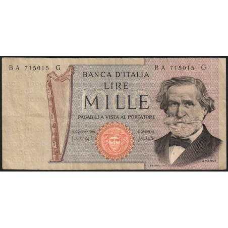 Italie - Pick 101a_1 - 1'000 lire - Lettre A - Série BA G - 25/03/1969 - Etat : TB+