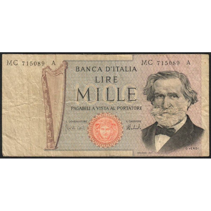 Italie - Pick 101d - 1'000 lire - Lettre C - Série MC A - 05/08/1975 - Etat : TB