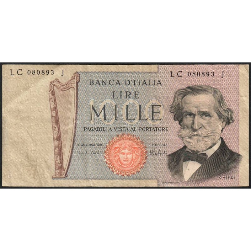 Italie - Pick 101d - 1'000 lire - Lettre C - Série LC J - 05/08/1975 - Etat : TB+