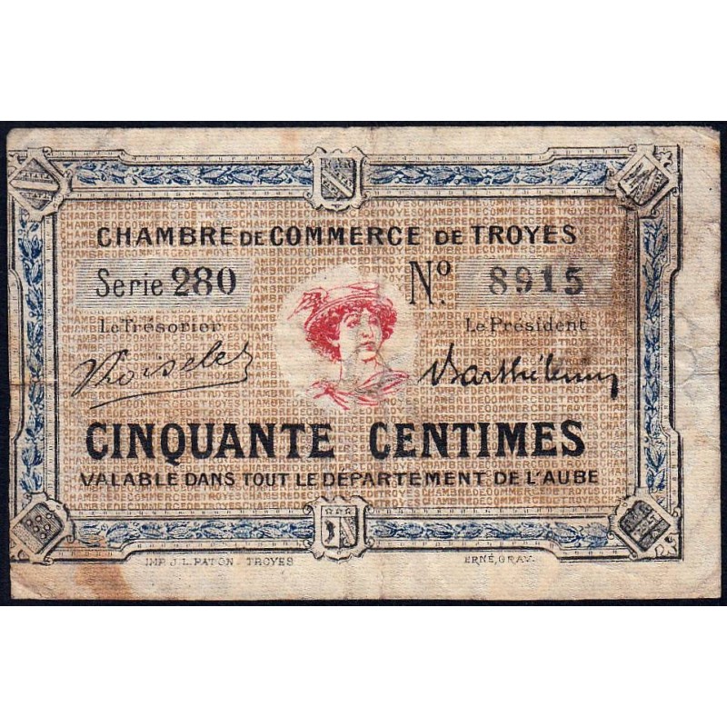 Troyes - Pirot 124-9a - 50 centimes - Série 280 - 5e émission - Sans date - Etat : B+