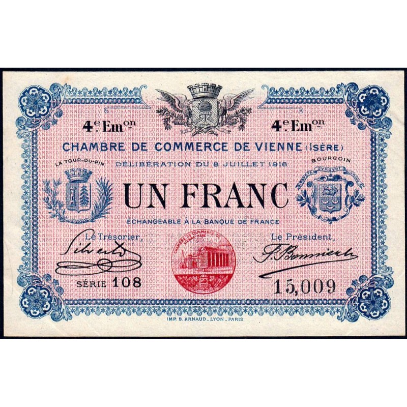 Vienne (Isère) - Pirot 128-23 - 1 franc - Série 108 - 4e émission - 08/07/1918 - Etat : SUP+