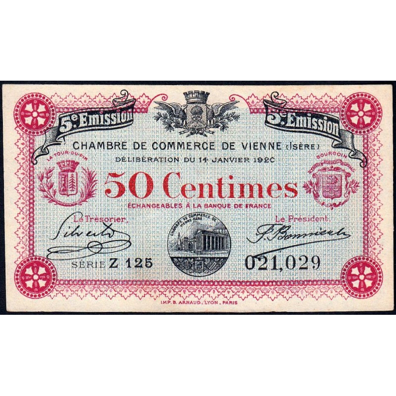 Vienne (Isère) - Pirot 128-25 - 50 centimes - Série Z 125 - 5e émission - 14/01/1920 - Etat : SUP+