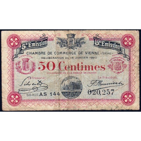 Vienne (Isère) - Pirot 128-26 - 50 centimes - Série AS 144 - 5e émission - 14/01/1920 - Etat : B+