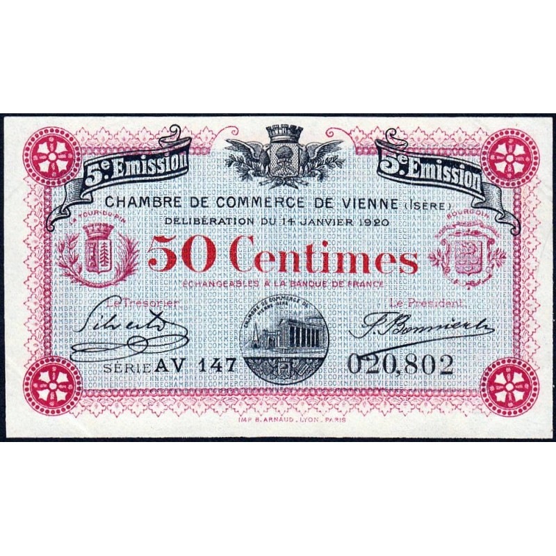 Vienne (Isère) - Pirot 128-26 - 50 centimes - Série AV 147 - 5e émission - 14/01/1920 - Etat : SUP+
