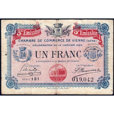 Vienne (Isère) - Pirot 128-27 - 1 franc - Série 121 - 5e émission - 14/01/1920 - Etat : TB-