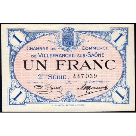 Villefranche-sur-Saône - Pirot 129-9 - 1 franc - 2me Série - 30/06/1918 - Etat : SUP+