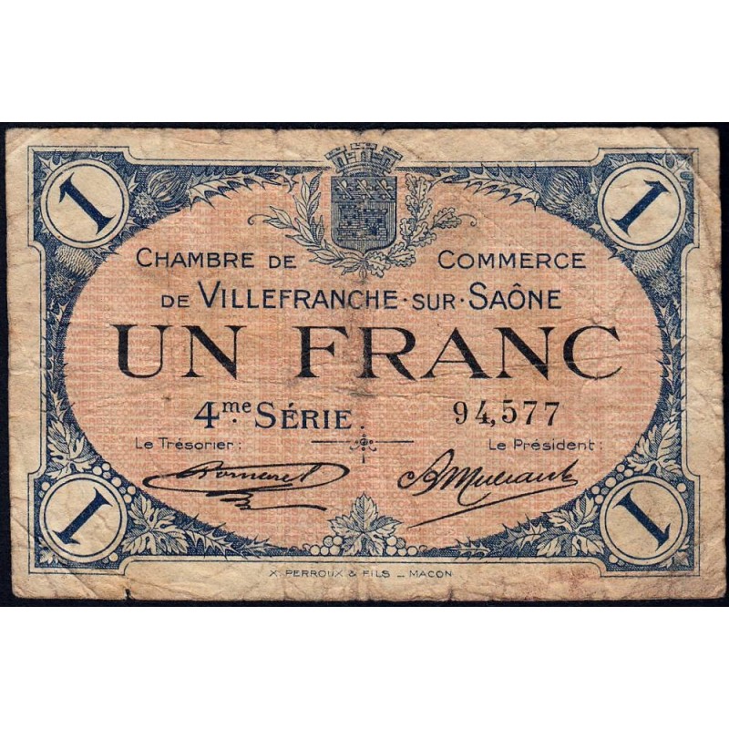 Villefranche-sur-Saône - Pirot 129-17 - 1 franc - 4me Série - 30/09/1921 - Etat : B