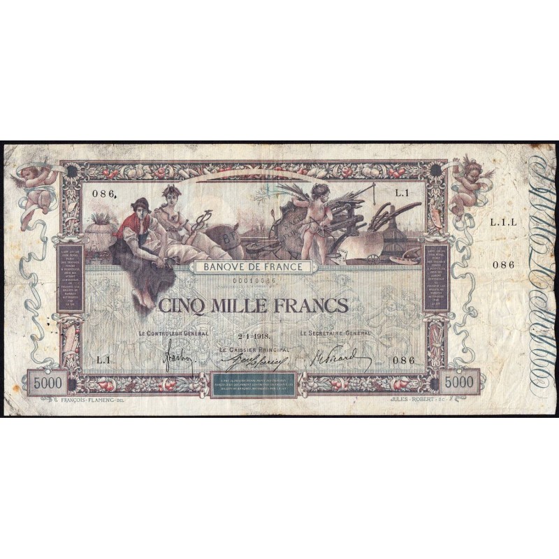 F 43-01 - 02/01/1918 (première date) - 5000 francs - Flameng - Etat : TB-