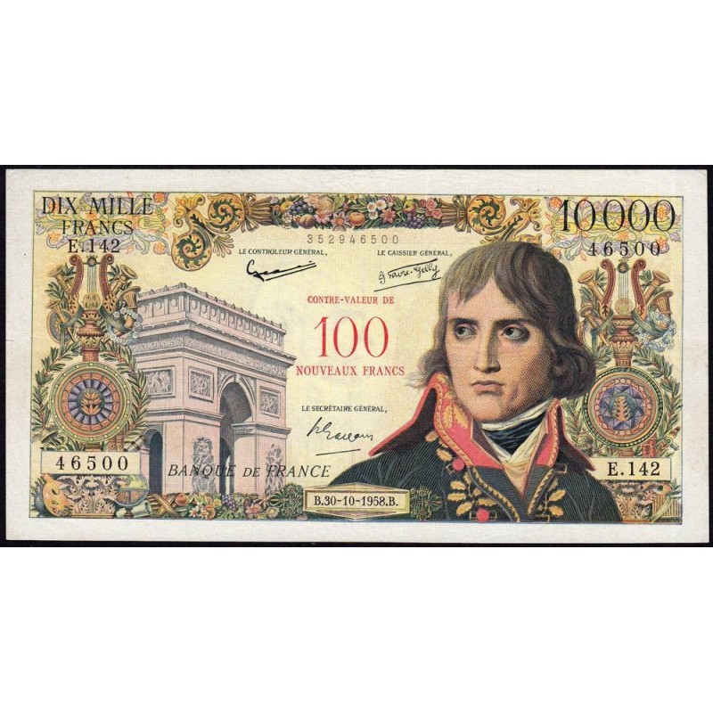 F 55-01 - 30/10/1958 - 100 nouv. francs sur 10000 francs - Bonaparte - Série E.142 - Etat : TB+