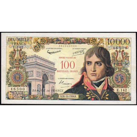 F 55-01 - 30/10/1958 - 100 nouv. francs sur 10000 francs - Bonaparte - Série E.142 - Etat : TB+