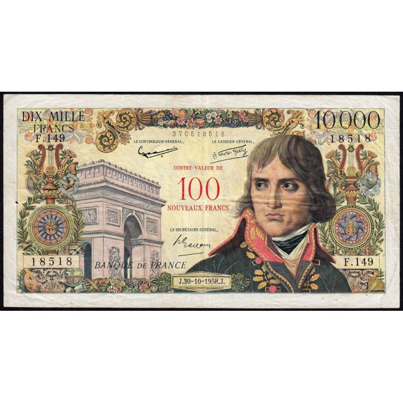 F 55-01 - 30/10/1958 - 100 nouv. francs sur 10000 francs - Bonaparte - Série F.149 - Etat : TB