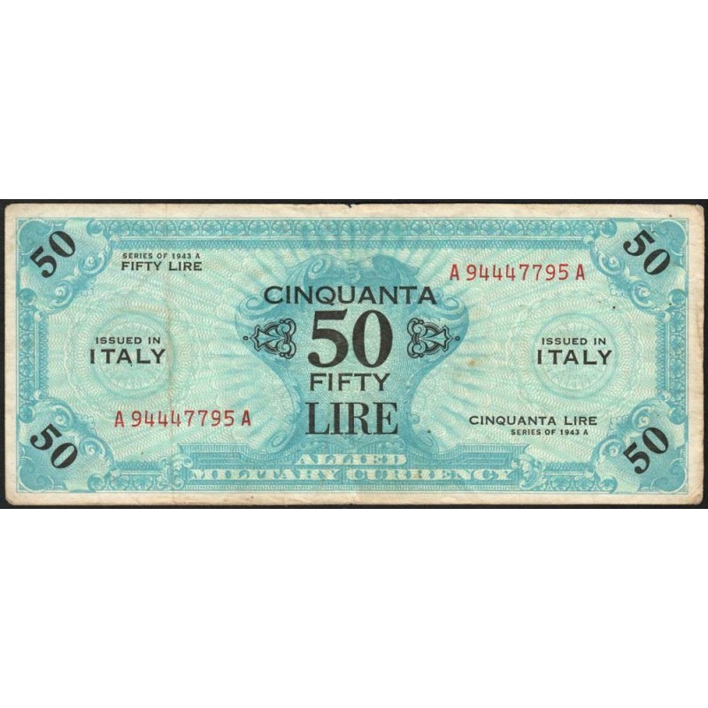 Italie - Occcupation alliée - Pick M 20a - 50 lire - Lettres A A - Séries 1943 A - Etat : TTB-