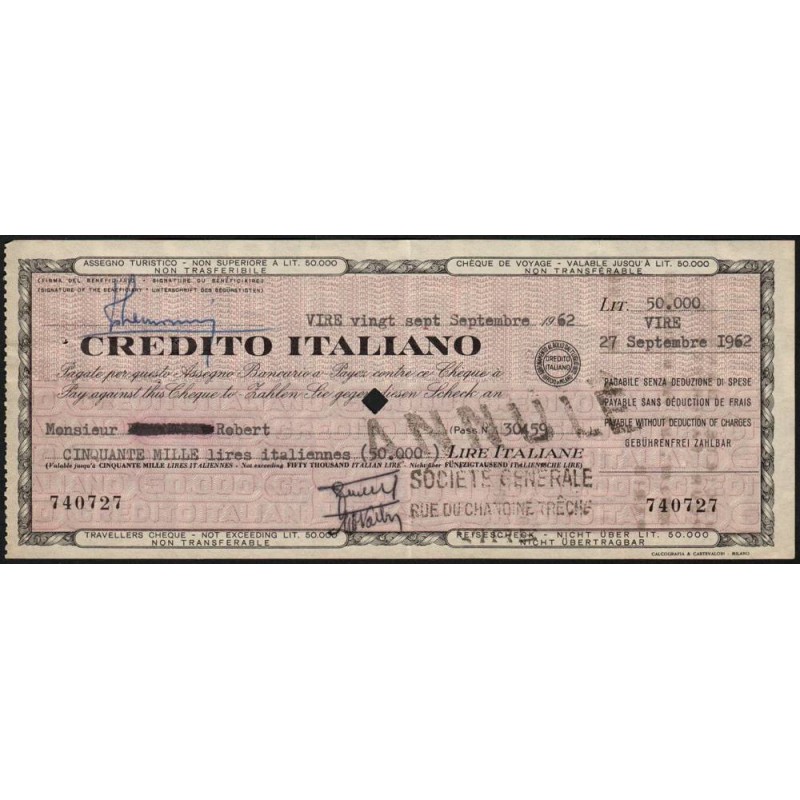 Italie - France - Chèque de voyage - Crédito Italiano - 50'000 lire - 1962 - Etat : SUP