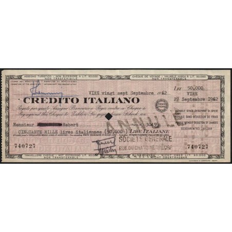 Italie - France - Chèque de voyage - Crédito Italiano - 50'000 lire - 1962 - Etat : SUP