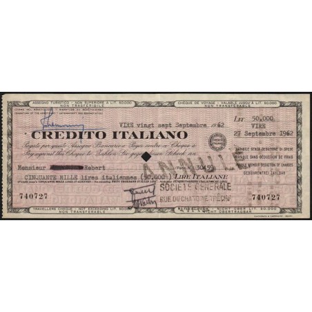 Italie - France - Chèque de voyage - Crédito Italiano - 50'000 lire - 1962 - Etat : SUP