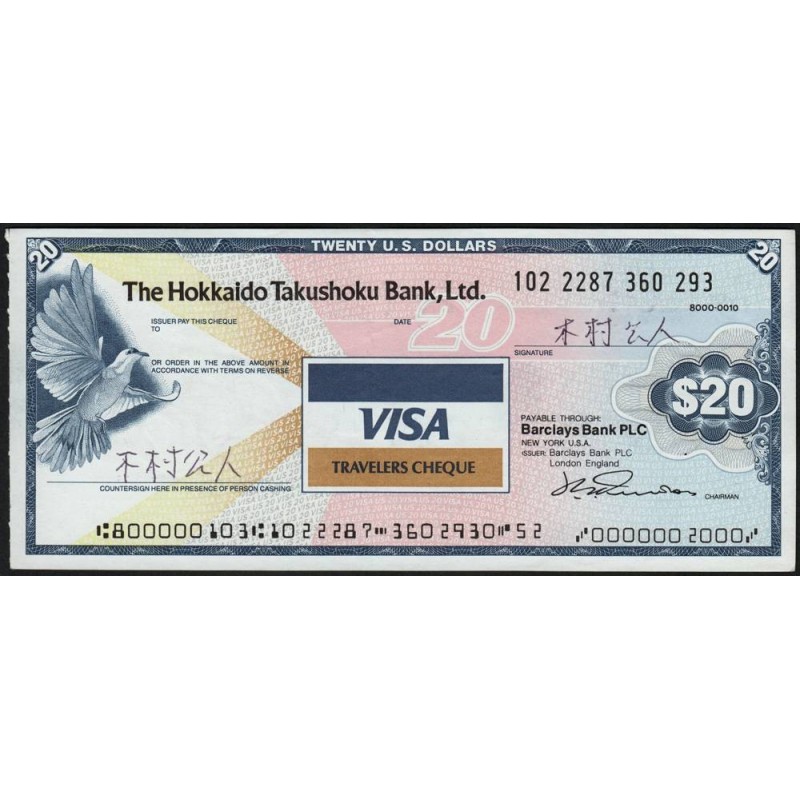 Japon - Chèque de voyage - Hokkaido Takushoku Bank - 20 dollars - 1991 - Etat : SUP+