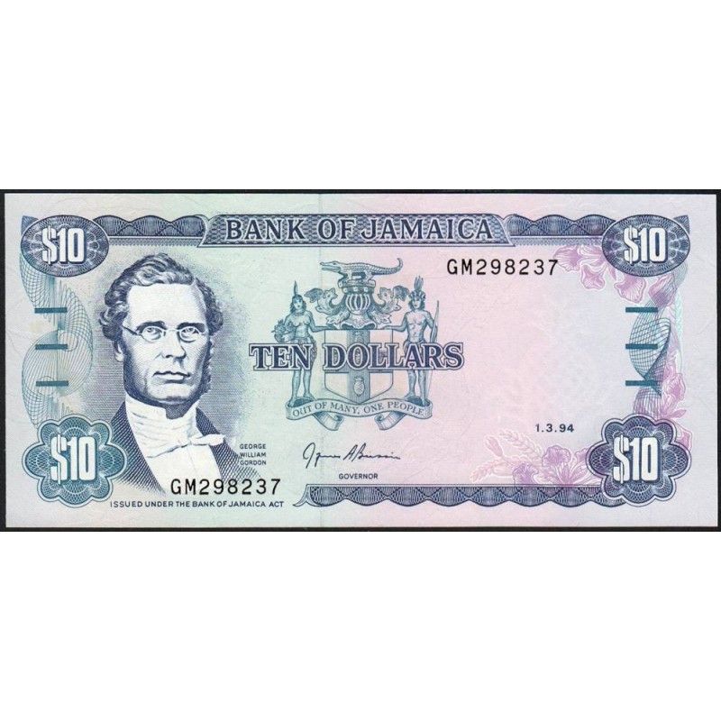 Jamaïque - Pick 71e - 10 dollars - Série GM - 01/03/1994- Etat : NEUF