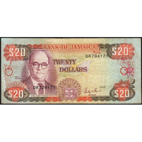 Jamaïque - Pick 72b_3 - 20 dollars - Série DR - 01/09/1987 - Etat : TB