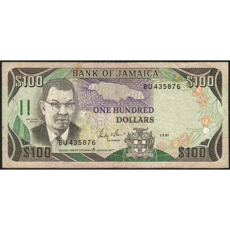 Jamaïque - Pick 74_2 - 100 dollars - Série BU - 01/09/1987 - Etat : TB