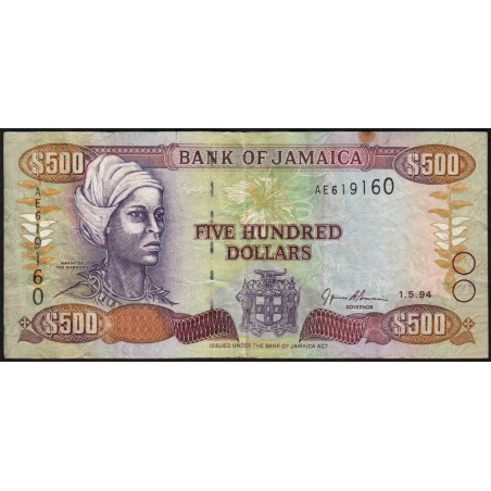 Jamaïque - Pick 77a - 500 dollars - Série AE - 01/05/1994 - Etat : TB+