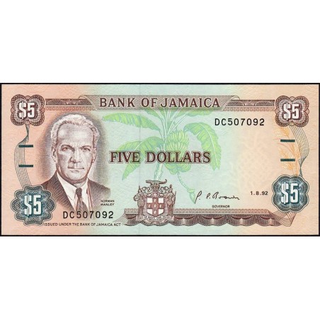 Jamaïque - Pick 70d_2 - 5 dollars - Série DC - 01/08/1992 - Etat : NEUF