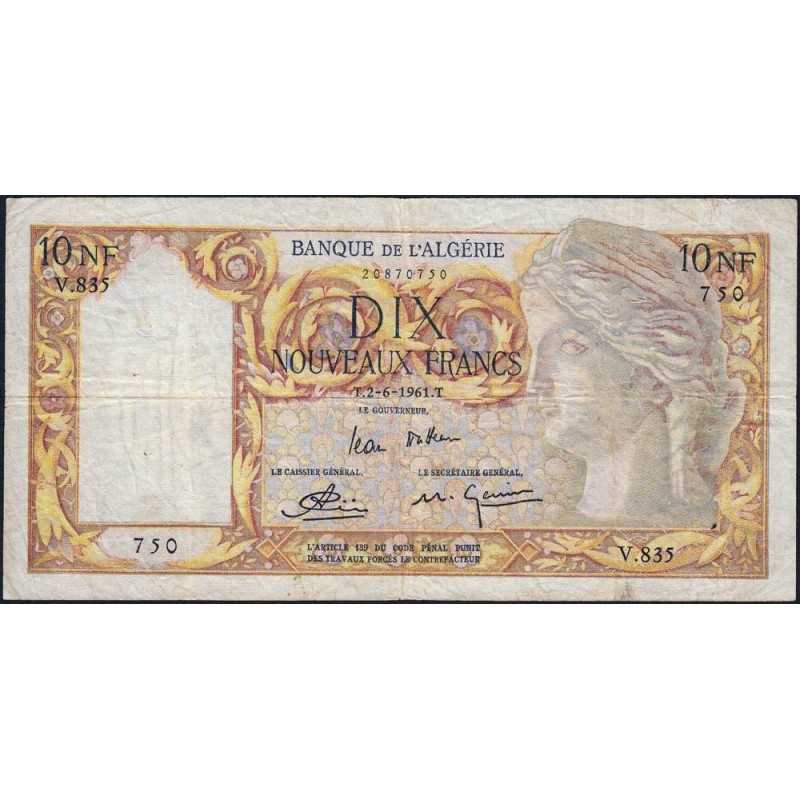 Algérie - Pick 119a_2- 10 nouv. francs - Série V.835 - 02/06/1961 - Etat : TTB-