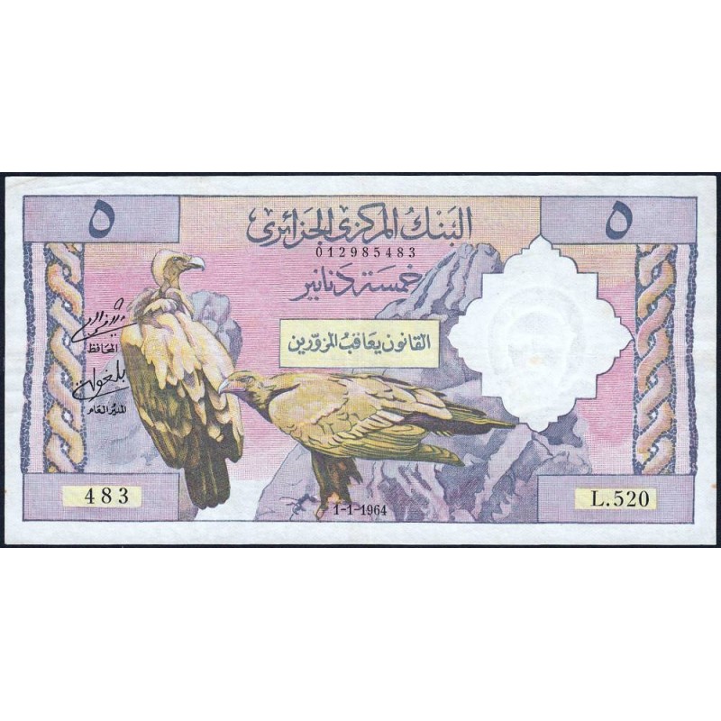 Algérie - Pick 122a - 5 dinars - Série L.520 - 01/01/1964 - Etat : TTB+