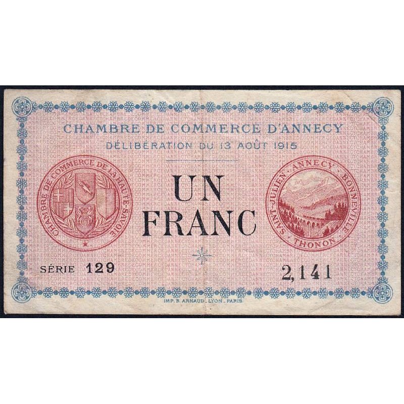 Annecy - Pirot 10-1 - 1 franc - Série 129 - 13/08/1915 - Etat : TB+
