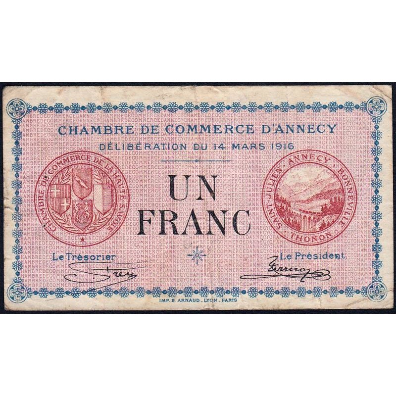 Annecy - Pirot 10-5 - 1 franc - Série 184 - 14/03/1916 - Etat : TB