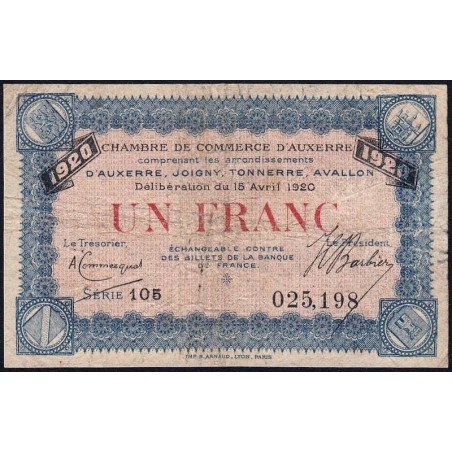 Auxerre - Pirot 17-26 - 1 franc - Série 105 - 15/04/1920 - Etat : B à B+