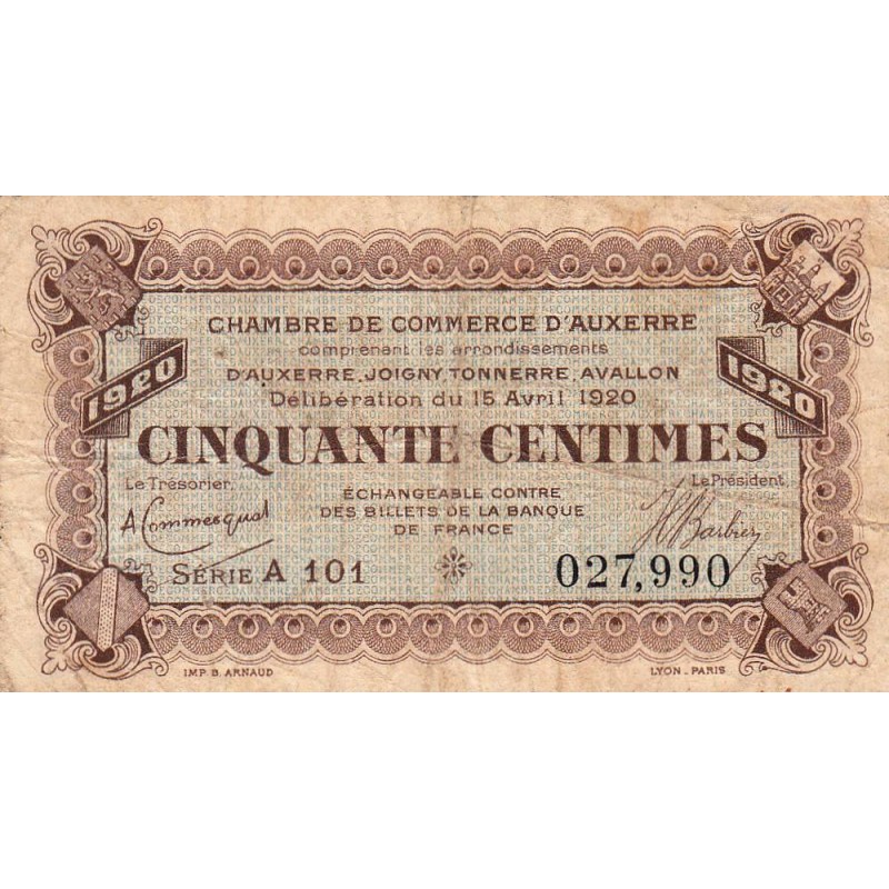 Auxerre - Pirot 17-24 - 50 centimes - Série A 101 - 15/04/1920 - Etat : B à B+
