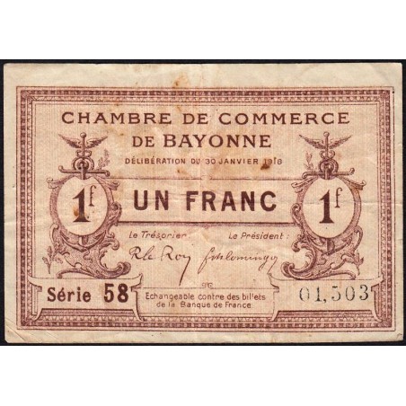 Bayonne - Pirot 21-59 - 1 franc - Série 58 - 30/01/1918 - Etat : TB+