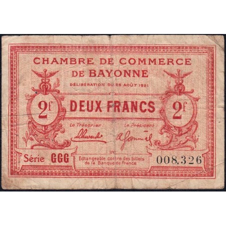 Bayonne - Pirot 21-72 - 2 francs - Série GGG - 26/08/1921 - Etat : B+