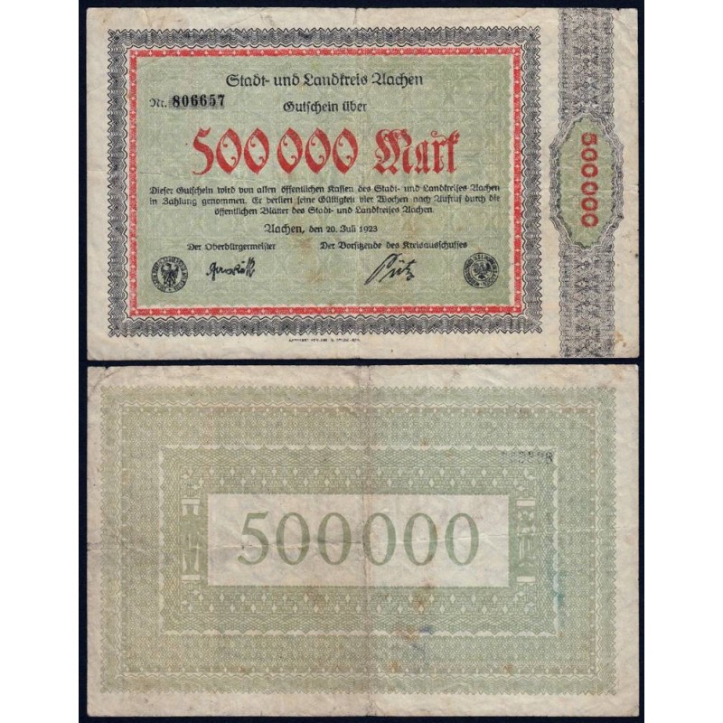 Allemagne - Notgeld - Aachen - 500'000 mark - Sans série - 20/07/1923 - Etat : TB+