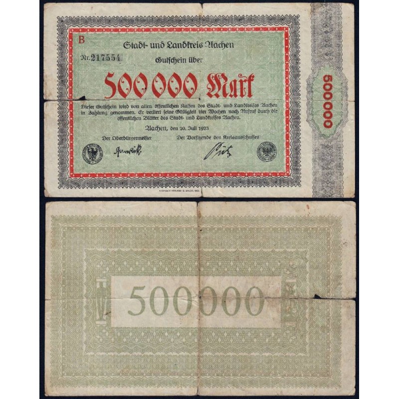 Allemagne - Notgeld - Aachen - 500'000 mark - Série B - 20/07/1923 - Etat : TB-