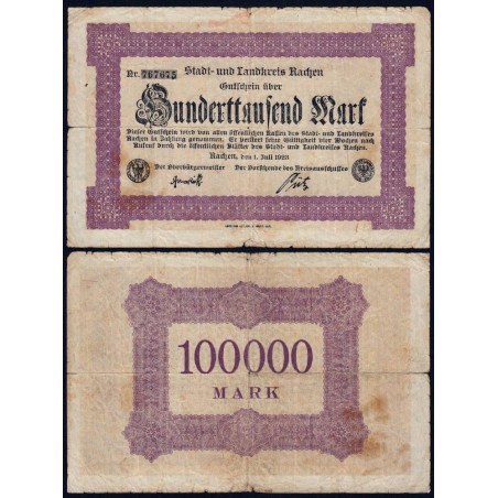 Allemagne - Notgeld - Aachen - 100'000 mark - Sans série - 01/07/1923 - Etat : TB