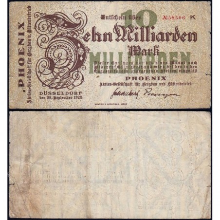 Allemagne - Notgeld - Düsseldorf - Phoenix - 10 milliards mark - Série K - 29/09/1923 - Etat : TB-