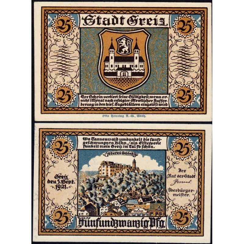 Allemagne - Notgeld - Greiz - 25 pfennig - 05/09/1921 - Etat : NEUF