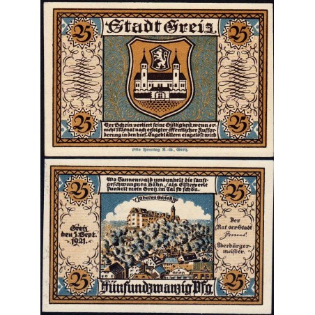 Allemagne - Notgeld - Greiz - 25 pfennig - 05/09/1921 - Etat : NEUF