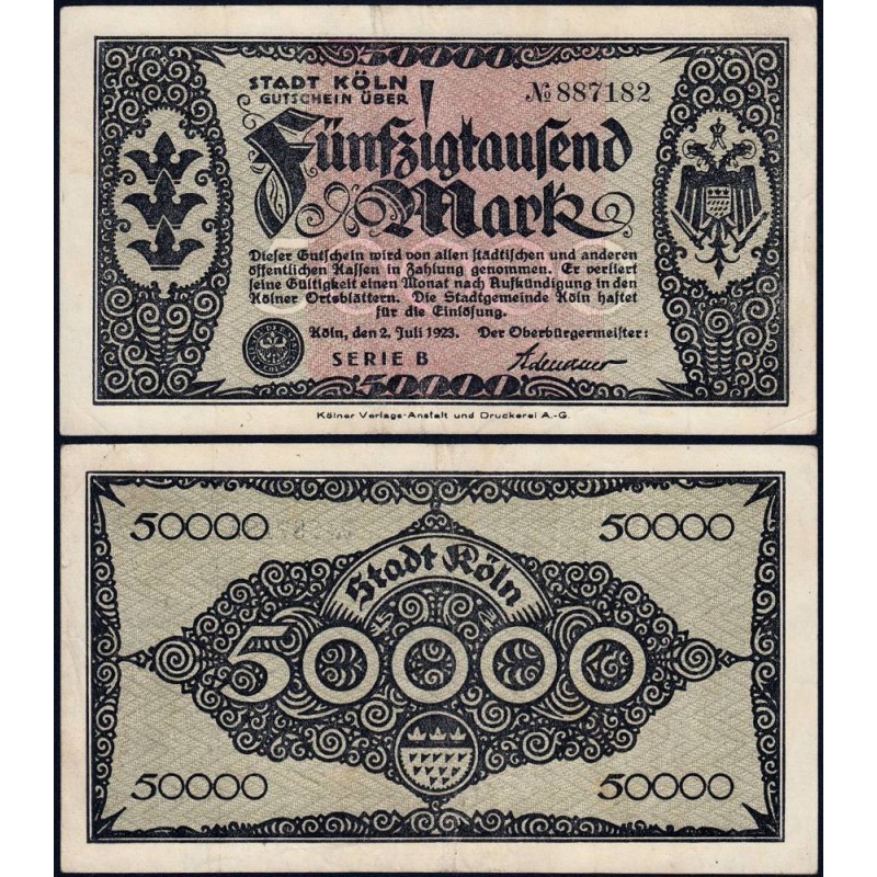 Allemagne - Notgeld - Köln - 50'000 mark - Série B - 02/07/1923 - Etat : TTB+