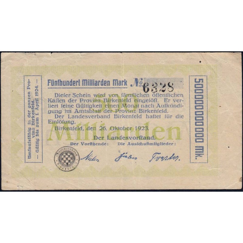 Birkenfeld - Oldenburg - Pick non réf. - 500 milliards mark - 26/10/1923 - Etat : TTB-