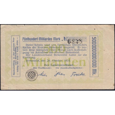 Birkenfeld - Oldenburg - Pick non réf. - 500 milliards mark - 26/10/1923 - Etat : TTB-