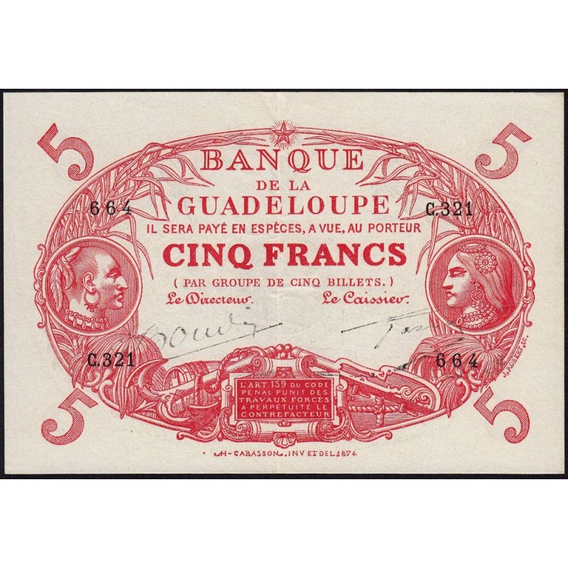 Guadeloupe - Pick 7r - 5 francs - Série C.321 - 1945 - Etat : SUP+